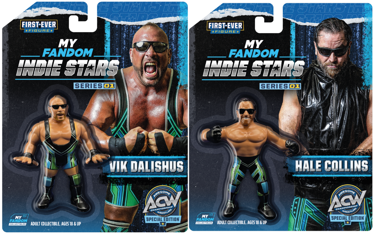 The Now (Vik Dalishus and Hale Collins) – MyFandom Indie Stars Wrestling Figure Bundle – ACW Edition – Blue and Green Variant Gear (Pre-Order)