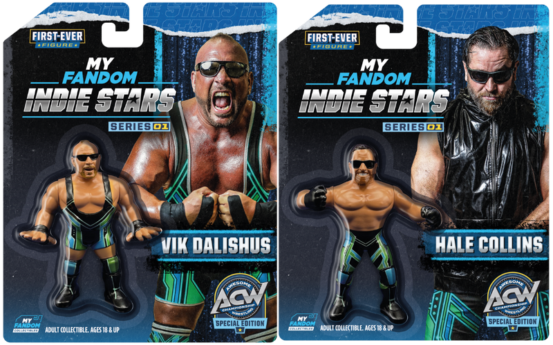 The Now (Vik Dalishus and Hale Collins) – MyFandom Indie Stars Series 1 Wrestling Figure Bundle – ACW Edition – Blue and Green Variant Gear